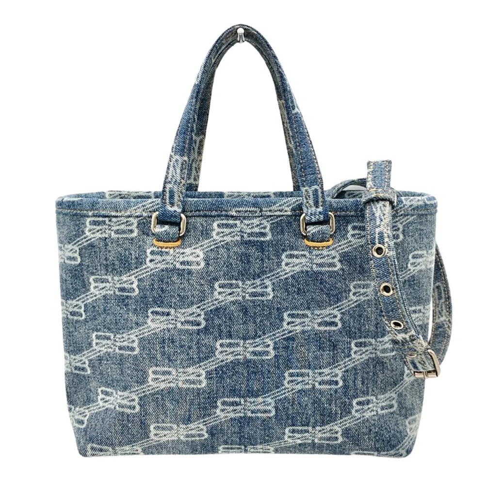 Balenciaga BB Monogram Signature Small Shopper Handbag 2-Way Denim 702699 Blu...
